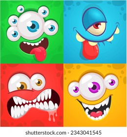 Cartoon monster faces set with different expressions. Vector illustration isolated