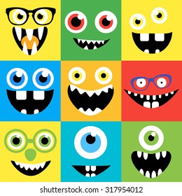 Cartoon Monster Faces Set. Smiles, Eyes, Eyeglasses. Cute Square Avatars And Icons.