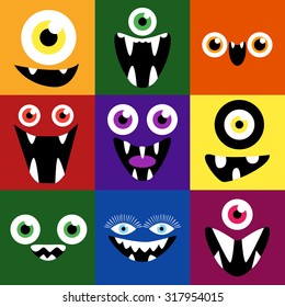 Cartoon Monster Faces Set. Smiles And Eyes. Cute Square Avatars And Icons