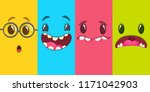 Cartoon monster faces set. Vector set of four Halloween monster faces. Mock up for package design 