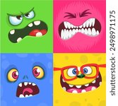 Cartoon monster faces set. Vector set of four Halloween monster faces or avatars. Print design of monsters mask for masquerade.