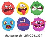 Cartoon monster faces set. Vector set of four Halloween monster faces or avatars. Print design of monsters mask for masquerade.