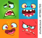 Cartoon monster faces set. Vector set of four Halloween monster faces