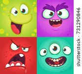 Cartoon monster faces set. Vector set of four Halloween monster faces with different expressions. Children book illustrations or party decorations