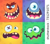 Cartoon monster faces set. Vector set of four Halloween monster faces with different expressions. 