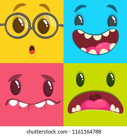 Cartoon monster faces set. Vector set of four Halloween monster faces. Package design or party decoration