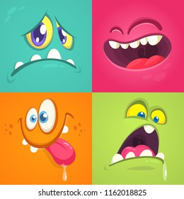 Cartoon monster faces set. Vector set of four Halloween monster faces with different expressions. Children book illustrations or party decorations