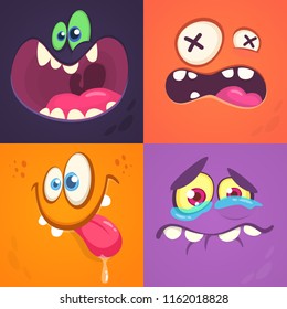 Cartoon monster faces set. Vector set of four Halloween monster faces with different expressions. 