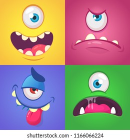 Cartoon monster faces set. Vector set of four Halloween monster faces with different expressions. 