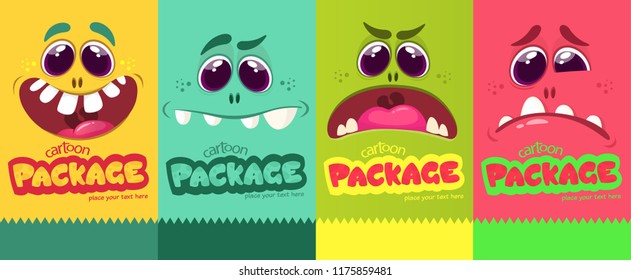 Cartoon monster faces set. Vector set of four Halloween monster faces. Package design. Mock up