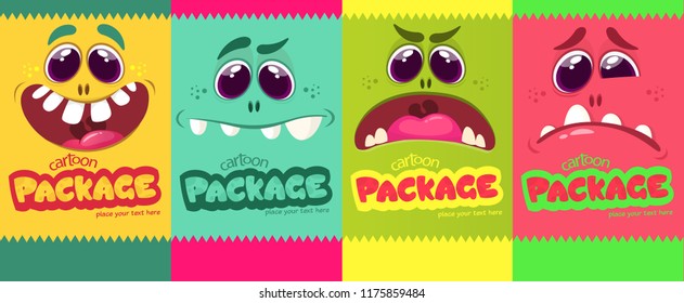 Cartoon monster faces set. Vector set of four Halloween monster faces. Package design. Mock up