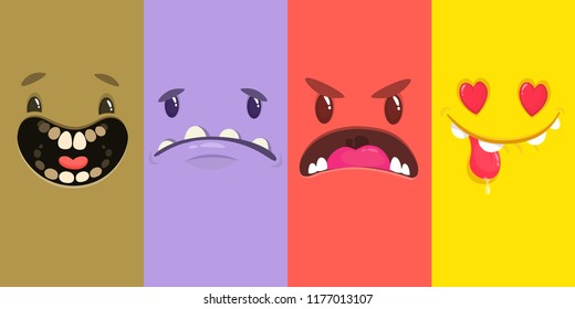 Cartoon monster faces set. Vector set of four Halloween monster faces. Package design. Mock up