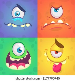 Cartoon monster faces set. Vector set of four Halloween monster faces with different expressions. Children book illustrations or party decorations