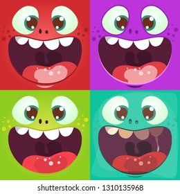 Cartoon monster faces set. Vector set of four Halloween monster faces with different expressions. Children book illustrations or party decorationsWeb