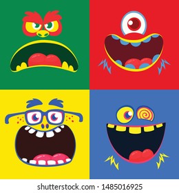 Cartoon monster faces set. Vector set of four Halloween monster faces with different expressions