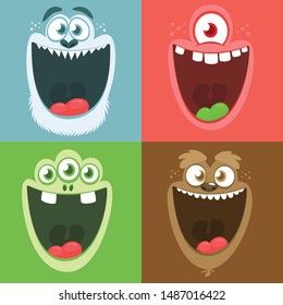 Cartoon monster faces set. Vector set of four Halloween monster faces with different expressions