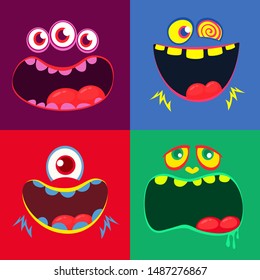 Cartoon monster faces set. Vector set of four Halloween monster faces with different expressions