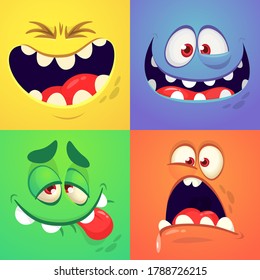 Cartoon monster faces set. Vector collection of four Halloween monster avatars with different face expressions