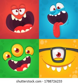 Cartoon monster faces set. Vector collection of four Halloween monster avatars with different face expressions