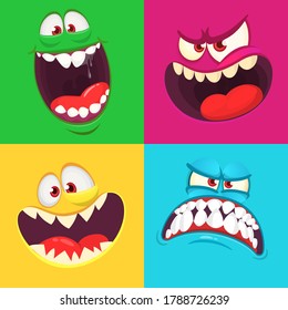 Cartoon monster faces set. Vector collection of four Halloween monster avatars with different face expressions