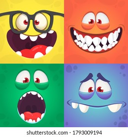 Cartoon monster faces set. Vector collection of four Halloween monster avatars with different face expressions