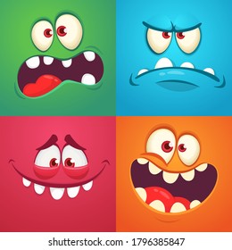 Cartoon monster faces set. Vector collection of four Halloween monster avatars with different face expressions