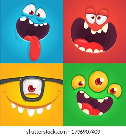 Cartoon monster faces set. Vector collection of four Halloween monster avatars with different face expressions