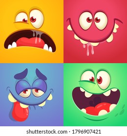 Cartoon monster faces set. Vector collection of four Halloween monster avatars with different face expressions