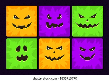 Cartoon monster faces set. Vector Halloween funny and scary faces with different expressions. Children book illustrations or party decorations. Square avatars collection.