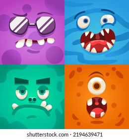Cartoon monster faces set. Vector collection of four monster avatars with different face expressions