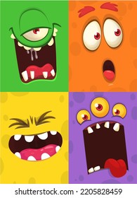Cartoon monster faces set. Vector collection of four Halloween monster avatars heads with different face expressions. Design for party decoration or package design