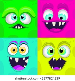 Cartoon monster faces set. Vector set of four Halloween monster faces with different expressions. Emotions, cartoon faces, funny monsters. Monster face emotion. Halloween cartoon monster face. Prints