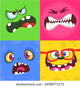 Conjunto de caras de monstruo de dibujos animados. Vector conjunto de cuatro caras de monstruos de Halloween o avatares. Diseño de impresión de máscara de monstruos para mascarada.