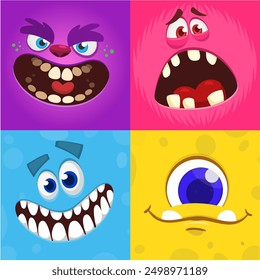 Cartoon monster faces set. Vector collection of four Halloween monster avatars with different face expressions. Isolated.