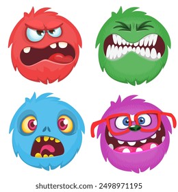 Cartoon monster faces set. Vector set of four Halloween monster faces or avatars. Print design of monsters mask for masquerade.