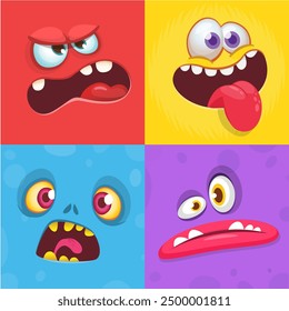 Cartoon monster faces set. Vector set of four Halloween monster faces or avatars. Print design of monsters mask for masquerade.