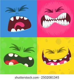 Cartoon monster faces set. Vector set of four Halloween monster faces or avatars. Print design of monsters mask for masquerade.