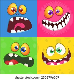 Cartoon monster faces set. Vector collection of four Halloween monster avatars with different face expressions. Isolated.