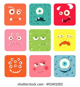 Cartoon monster faces set. Vector collection of cute square avatars.