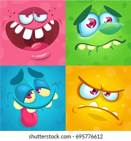 Cartoon monster faces set. Vector set of four Halloween monster faces or avatars. Print design of monsters mask for masquerade