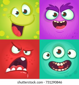 Cartoon monster faces set. Vector set of four Halloween monster faces with different expressions. Children book illustrations or party decorations