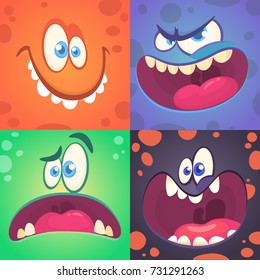 Cartoon monster faces set. Vector set of four Halloween monster faces with different expressions. Children book illustrations or party decorations