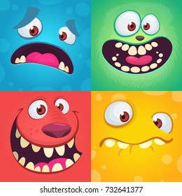 Cartoon monster faces set. Vector set of four Halloween monster faces with different expressions. Children book illustrations or party decorations