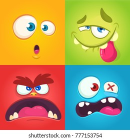 Cartoon monster faces set. Vector set of four Halloween monster faces with different expressions. 