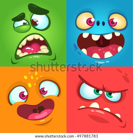 Cartoon monster faces set. Vector set of four Halloween monster faces