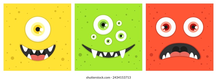 Caras de monstruo de dibujos animados con la boca dentada. Conjunto de patrones cuadrados. Ilustración plana vectorial. Diseño de personajes.