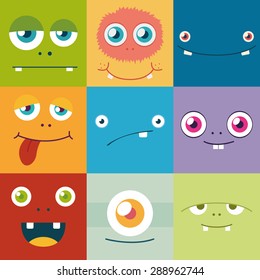 cartoon monster faces vector set. cute square avatars and icons