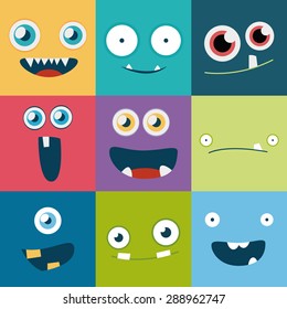 cartoon monster faces vector set. cute square avatars and icons