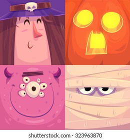 Cartoon monster faces vector set. Cute square avatars and icons
