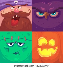 Cartoon monster faces vector set. Cute square avatars and icons